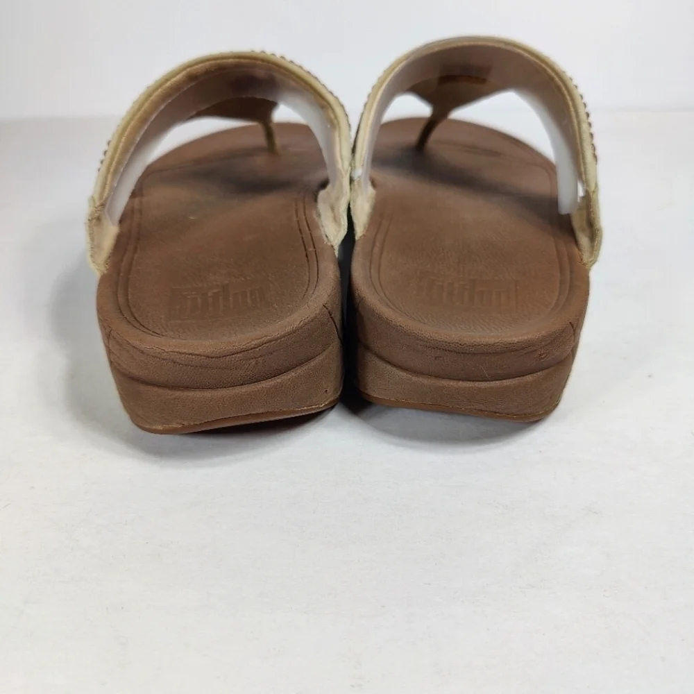 Fitflop Rokkit Rhinestone Studded Tan Thong Wedge Slip On Open Toe Flip Flops 7